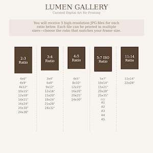 May include: A beige graphic with the text "LUMEN GALLERY" and "Curated Digital Art for Printing." It lists various print sizes, including 4x6", 6x9", 8x12", 10x15", 12x18", 14x21", 16x24", 20x30", and 24x36".