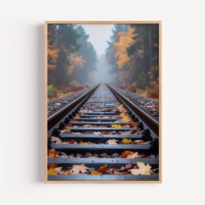 May include: A framed photograph of a railway track receding into a misty forest. The tracks are lined with fallen autumn leaves in shades of yellow, orange, and brown. The trees on either side are a mix of green and golden hues.