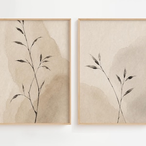 ジャパンディ植物画プリント2枚セット、ミニマルでニュートラルな線画（デジタルダウンロード可能な印刷用ウォールアート）