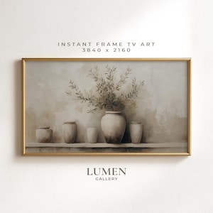 Olive Branches Pottery Frame TV Art, Neutral Vintage Painting (Digital Download 4K 3840x2160)