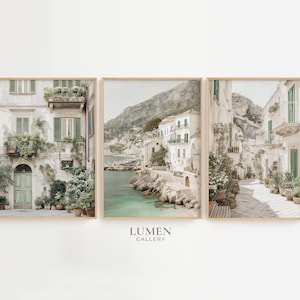 Juego de 3 láminas con motivos de pueblos italianos, arquitectura mediterránea y paisajes costeros (descarga digital de arte mural imprimible). imagen 1