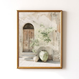 May include: A framed print featuring a sunlit courtyard scene. The artwork depicts a weathered wooden door beneath an arched opening, with a small vase and a large green pot holding a plant with light green foliage. The frame is gold.