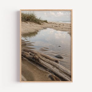 Op de afbeelding: Een ingelijste foto van een strandscène. De afbeelding toont drijfhout op de voorgrond, een ondiepe plas water die de lucht weerspiegelt en zandduinen met vegetatie. Het kleurenpalet is neutraal met warme tinten.