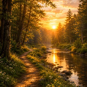 May include: A dirt path winds along a riverbank through a dense forest at sunset. The golden sun hangs low in the sky, casting warm light over the trees, the flowing water, and the small white wildflowers growing along the edge of the trail.