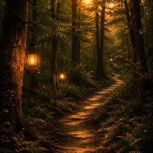 Puede incluir: Un sendero de piedra serpenteante a través de un bosque denso al atardecer, iluminado por dos faroles de metal negro colgados de soportes de hierro en los troncos. A lo lejos, una pequeña cabaña con ventanas brillantes se asienta entre árboles.