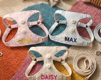 名入れフラワー柄犬用ハーネスセット｜名前刺繍入り｜柔らかく通気性の良いデイジー柄子犬用ベスト｜小型犬用調節可能ハーネス