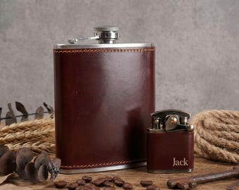 Custom Engraved Leather Flask Set, Groomsmen Gift Box, Personalized Lighter, Best Man Proposal, Whiskey Flask, Wedding Party Gift