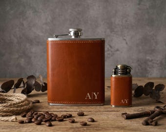Engraved Leather Flask Set, First Father's Day Gift, Custom Lighter, Personalized Whiskey Flask, Vintage Cigar Lighter for Him