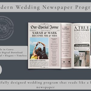 May include: A wedding newspaper program with a vintage design. The program features the headline "Our Special Issue" with the names "Sarah & Mark" and the text "Become Mr & Mrs". The program is editable in Canva.