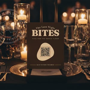Late Night Bites QR Code Sign - Editable Canva Template for Midnight Snack Station Weddings