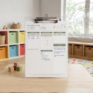 May include: A clear acrylic clipboard holding a printed daily log sheet for infants. The document features sections for feeding times, diaper changes, nap schedules, and notes, with handwritten entries in blue ink and a black pen attached at the top.