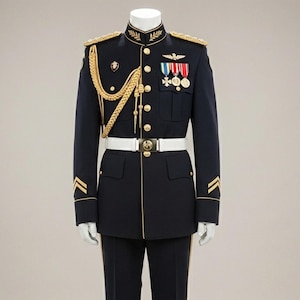 May include: A navy blue military uniform on a mannequin. The jacket has gold trim, epaulets, and medals. The white belt and gold accents on the trousers complete the formal look. Black shoes are at the bottom.