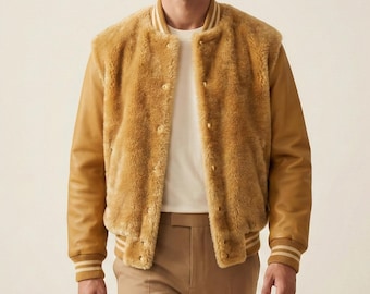 Men’s Tan Faux Fur Varsity Leather Jacket, Luxury Winter Coat, Premium Streetwear Bomber Jacket, Handmade Custom Outerwear