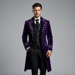 Frac gotico di lusso in velluto per uomo, giacca steampunk con ricami viola, abito formale da matrimonio, cappotto lungo vittoriano immagine 1