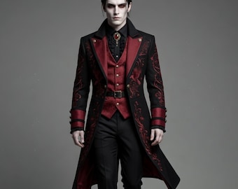 Cappotto da vampiro gotico vittoriano per Halloween - Frac steampunk ricamato nero e rosso per uomo