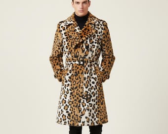 Leopard Print Coat for Men's, Fur Animal Pattern Trench Coat, Stylish Warm Outerwear