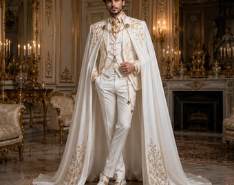 Puede incluir: Un traje blanco que incluye chaleco y pantalón, combinado con una capa larga hasta el suelo. El conjunto está decorado con intrincados bordados dorados en los hombros y el dobladillo de la capa, y en el chaleco. Una cadena dorada cuelga de los hombros.
