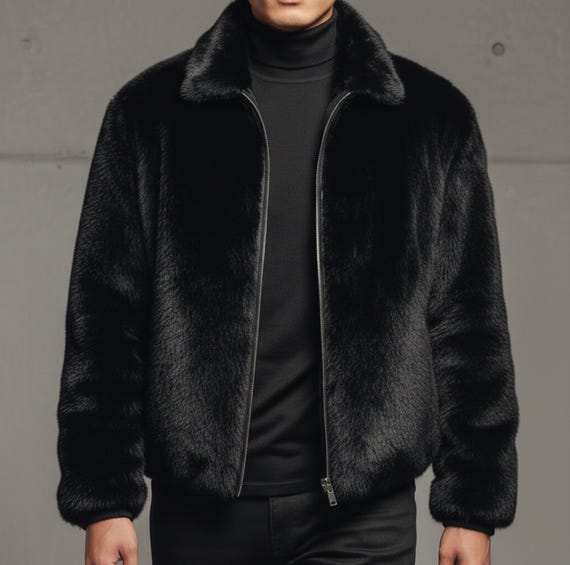 Men’s Black Faux Fur Jacket, Luxury Winter Coat for Men, Premium Synthetic Fur Jacket, Warm Streetwear Outerwear, Handmade Custom Coat