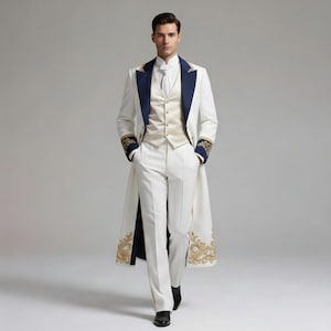 Royal White Men's Coat - Victorian Wedding Suit - Gold Embroidery Long coat - Prince Charming Costume - Regency Groom Wear