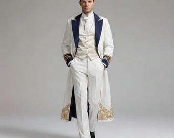 Royal White Men's Coat - Victorian Wedding Suit - Gold Embroidery Long coat - Prince Charming Costume - Regency Groom Wear