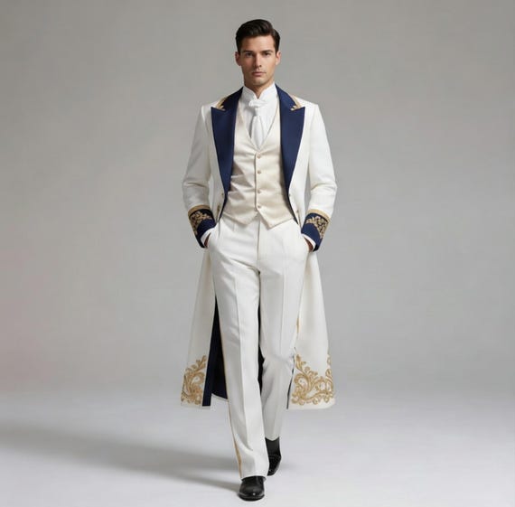 Royal White Men's Coat - Victorian Wedding Suit - Gold Embroidery Long coat - Prince Charming Costume - Regency Groom Wear