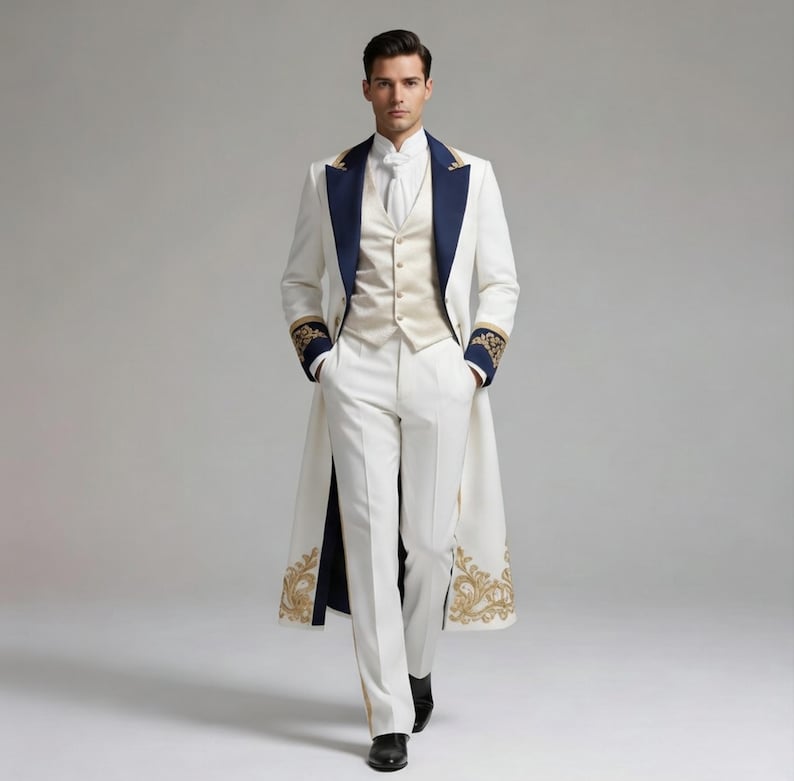 Royal White Men's Coat - Victorian Wedding Suit - Gold Embroidery Long coat - Prince Charming Costume - Regency Groom Wear image 1