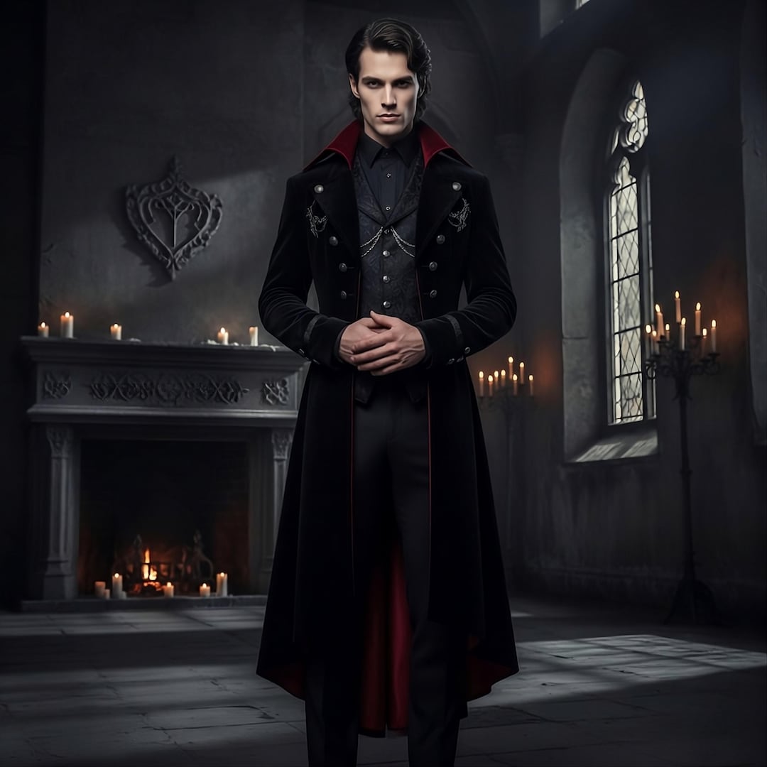 Vampire Formal Men’s Gothic Vampire Long Coat, Black Red Victorian Tailcoat, Dracula ...