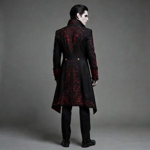 Victorian Gothic Vampire Coat for Halloween - Black & Red Embroidered Steampunk Tailcoat for Mens image 4