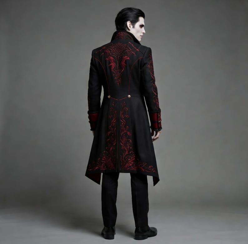 Victorian Gothic Vampire Coat for Halloween - Black & Red Embroidered Steampunk Tailcoat for Mens image 4