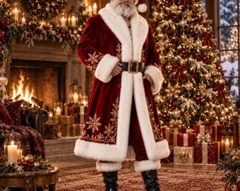 May include: A Santa Claus costume featuring a deep red velvet long coat with thick white faux fur trim on the collar, cuffs, and hem. The coat is decorated with gold embroidered snowflake patterns and is worn with a black belt and black boots.