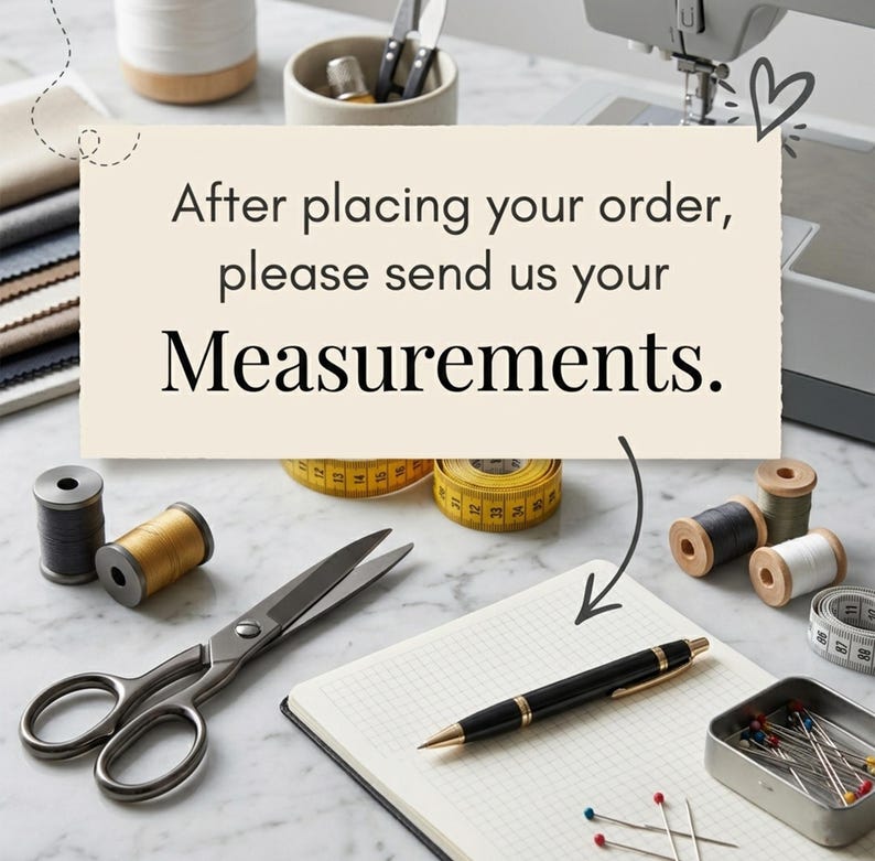 K&ouml;nnte beinhalten: Ein cremefarbenes rechteckiges Schild mit dem schwarzen Text After placing your order, please send us your Measurements. Es ist von N&auml;hzubeh&ouml;r umgeben, darunter eine Metallschere, Garnrollen, ein gelbes Ma&szlig;band und ein Kugelschreiber.