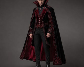 May include: A black velvet cape with a high collar and deep red embroidery, worn over a matching black velvet vest with red trim, a black button-down shirt, black trousers, and black boots. The cape features a decorative clasp at the neck.