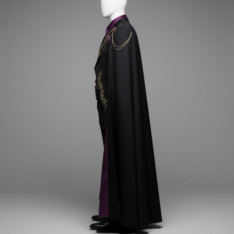 K&ouml;nnte beinhalten: Ein bodenlanger schwarzer Umhang &uuml;ber einer schwarzen Jacke mit goldener Stickerei und einem violetten Hemd. Der Umhang hat goldene Kettenakzente an den Schultern. Das Ensemble wird auf einer Schaufensterpuppe pr&auml;sentiert.