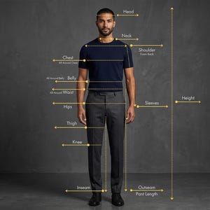 K&ouml;nnte beinhalten: Ein Diagramm mit K&ouml;rperma&szlig;punkten f&uuml;r Kleidung, das eine Person in einem dunkelblauen kurz&auml;rmeligen T-Shirt und einer anthrazitfarbenen Hose zeigt. Gelbe Pfeile und Textbeschriftungen kennzeichnen Ma&szlig;e f&uuml;r Kopf, Hals, Schulter, Brust, Bauch, Taille, H&uuml;fte, Oberschenkel, Knie, &Auml;rmel, K&ouml;rpergr&ouml;&szlig;e, Innenbeinl&auml;nge und Au&szlig;enbeinl&auml;nge.