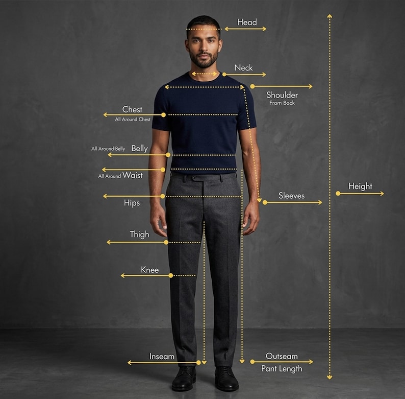 K&ouml;nnte beinhalten: Ein Diagramm mit K&ouml;rperma&szlig;punkten f&uuml;r Kleidung, das eine Person in einem dunkelblauen kurz&auml;rmeligen T-Shirt und einer anthrazitfarbenen Hose zeigt. Gelbe Pfeile und Textbeschriftungen kennzeichnen Ma&szlig;e f&uuml;r Kopf, Hals, Schulter, Brust, Bauch, Taille, H&uuml;fte, Oberschenkel, Knie, &Auml;rmel, K&ouml;rpergr&ouml;&szlig;e, Innenbeinl&auml;nge und Au&szlig;enbeinl&auml;nge.