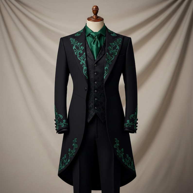 May include: A black suit with green embroidered detailing, including a long coat, vest, and trousers, displayed on a mannequin. The suit features a green shirt and tie, creating a formal ensemble.