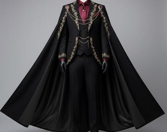 Abito da uomo nero in stile gotico vittoriano con mantello – Abito formale da signore dei vampiri ricamato, abbigliamento da sposo gotico, matrimonio aristocratico