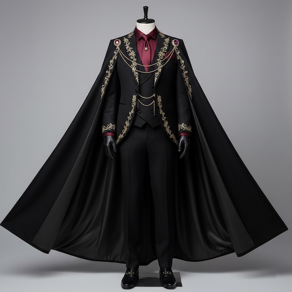 Men's Black Gothic Victorian Suit with Cape – Embroidered Vampire Lord Formal Wear, Gothic Groom Attire, Aristocrat Wedding