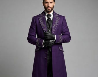 Frac gótico victoriano de lujo para hombre, chaqueta larga steampunk con bordado morado, traje formal de boda.