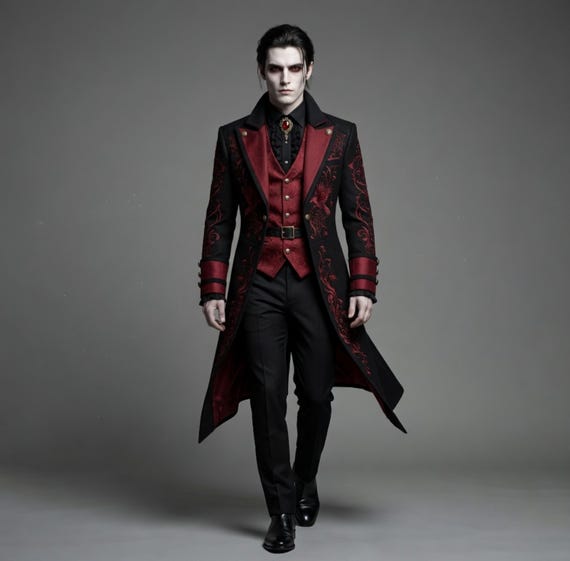Victorian Gothic Vampire Coat for Halloween - Black & Red Embroidered Steampunk Tailcoat for Mens