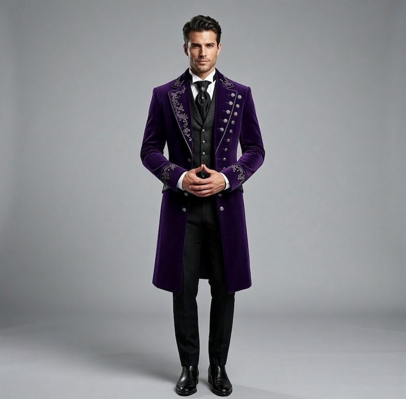 Pu&ograve; includere: Un cappotto formale in velluto viola con ricami ornati sul colletto e sui polsini. Il cappotto presenta diversi bottoni argentati ed &egrave; abbinato a un gilet, cravatta e pantaloni neri. Adatto per occasioni speciali.