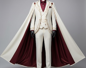 Traje de boda gótico blanco con capa para hombre, esmoquin de novio, traje formal real burdeos, traje de graduación victoriano bordado, atuendo regio para hombre