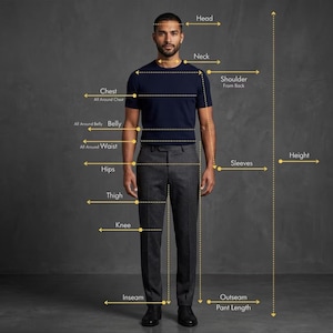 Puede incluir: Un diagrama que muestra a una persona con una camiseta azul marino de manga corta y pantalones gris oscuro, con l&iacute;neas amarillas y etiquetas de texto que indican las medidas corporales de cabeza, cuello, hombro, pecho, vientre, cintura y altura.