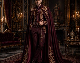 Puede incluir: Un traje color burdeos profundo que incluye una capa larga hasta el suelo, un chaleco entallado y pantalones. El conjunto está adornado con intrincados bordados dorados en los bordes de la capa, hombros y solapas, con una cadena dorada.
