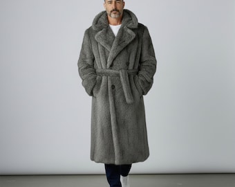Gray Faux Fur Trench Coat – Men’s Teddy Bear Long Belted Luxury Winter Duster