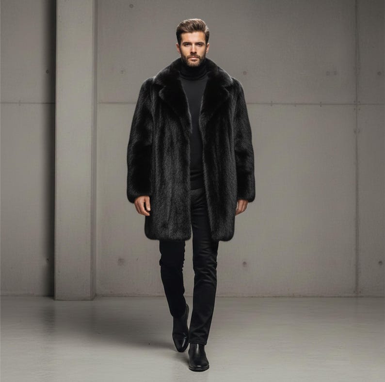 Luxury Men's Black Mink Fur Coat - Elegant Winter Outerwear, Warm and Stylish Leather Faux Fur Jacket for Men image 1