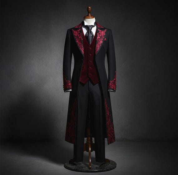 Luxury Gothic Wedding Coat Men, Black Burgundy Embroidered Tailcoat, Prince Formal Outfit Jacket