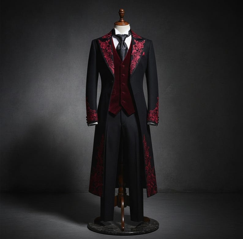 May include: A black formal suit with a long coat, vest, and trousers, displayed on a mannequin. The suit features red floral embroidery on the lapels, cuffs, and coat edges. A black tie and white shirt are visible.