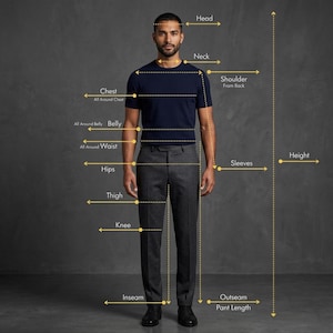 May include: A man in a navy blue t-shirt and gray trousers, with yellow lines and text indicating body measurements. Measurements include chest, waist, hips, thigh, inseam, and height. The image is against a dark gray background.