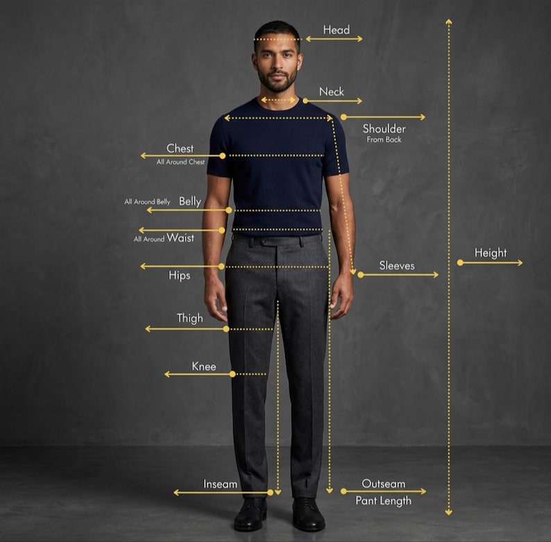 May include: A man in a navy blue t-shirt and gray trousers, with yellow lines and text indicating body measurements. Measurements include chest, waist, hips, thigh, inseam, and height. The image is against a dark gray background.